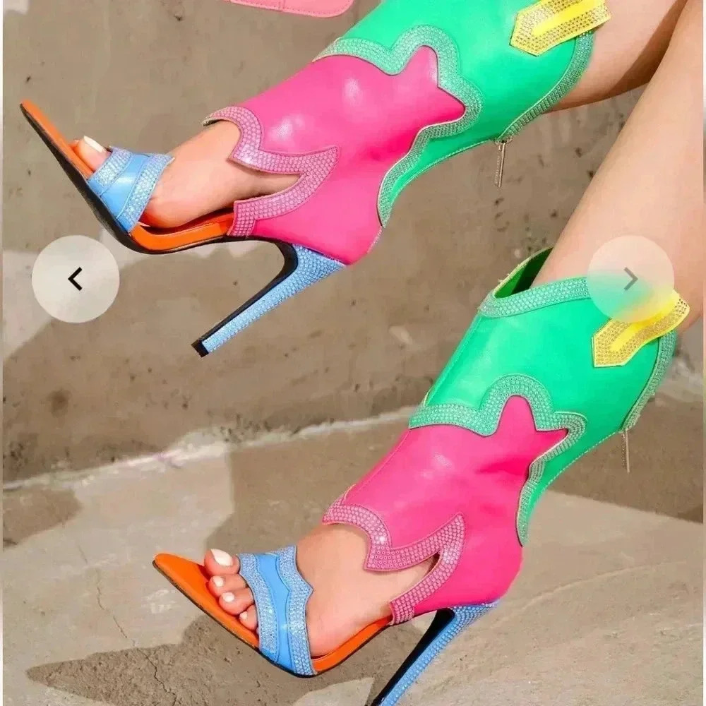 Cape Robin Nayaye Western Style Rhinestone Coated Multi Colored Cutout Heels 5.5